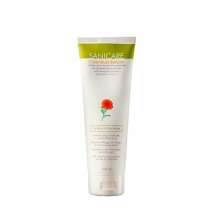 En vit tub med en rd blomma och grn banner-Calendula balsam