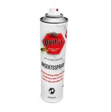 Aerosolburk Quit-it insektspray mot flygande insekter, vit flaska med rd etikett och bilder p fluga och geting