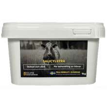 Vit plastburk med etikett fr Salicylsyra 1 kg, anvnds fr behandling av klvar p ntboskap