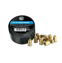 Frpackning med RWS 9x17 bl slaktpatroner fr bedvning av ntkreatur och suggor, 50 st patroner i plastburk med lsa patroner bredvid