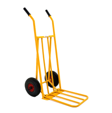Gul magasinkrra Hrby Bruk P3 med tv hjul och svart handtag, stabil transportkrra fr tunga lyft