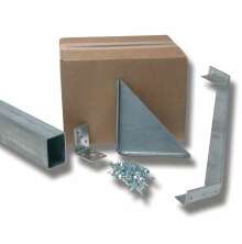 Komplett portramssats med fyrkantsprofil i st�l, vinkelbeslag, triangul�r f�rst�rkningspl�t, skruvar och monteringsdetaljer framf�r en kartong.