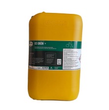 Gul 25 kg dunk med GS GR�N+, ett koncentrerat reng�ringsmedel f�r yrkesm�ssig reng�ring av mj�lkningsutrustning. Produkten visas framifr�n mot vit bakgrund.